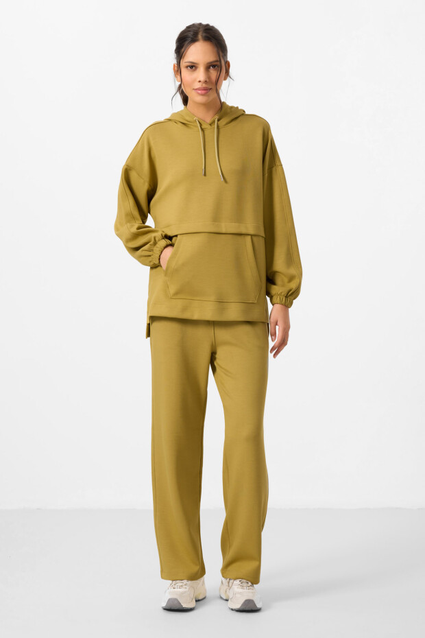 Koyu Hardal Yumuşak Dokulu Kapüşonlu Oversize Kadın Eşofman Tunik Takım - 95348 - 2