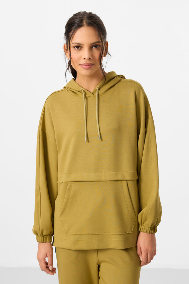 Koyu Hardal Yumuşak Dokulu Kapüşonlu Oversize Kadın Eşofman Tunik Takım - 95348 - 4