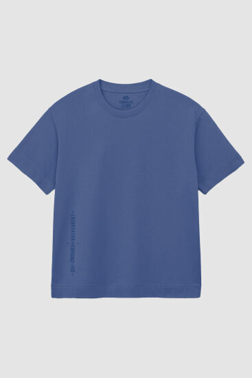 Koyu Mavi Baskılı O Yaka Rahat Form Battal Büyük Beden T-Shirt - 88472 