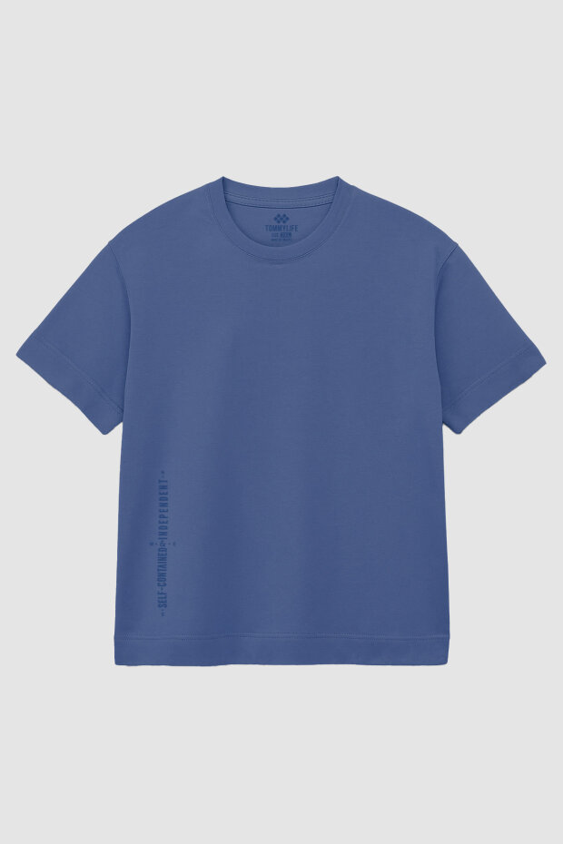 Koyu Mavi Baskılı O Yaka Rahat Form Battal Büyük Beden T-Shirt - 88472 - 1