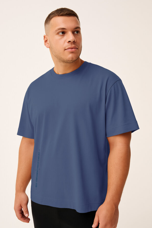 Koyu Mavi Baskılı O Yaka Rahat Form Battal Büyük Beden Erkek T-Shirt - 88472 - 2