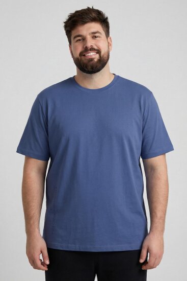 Koyu Mavi Baskılı O Yaka Rahat Form Battal Büyük Beden Erkek T-Shirt - 88472 