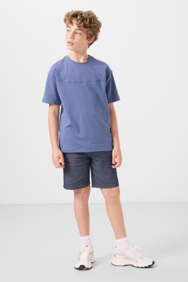 Koyu Mavi-Kot Lacivert Pamuklu Oversize Fit Dokuma Hafif Esnek Chino Erkek Çocuk Şort Takım - 11279 - TOMMYLIFE