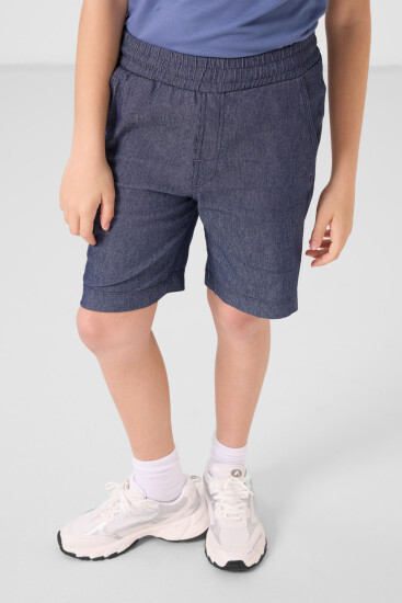 Koyu Mavi-Kot Lacivert Pamuklu Oversize Fit Dokuma Hafif Esnek Chino Erkek Çocuk Şort Takım - 11279 - Thumbnail