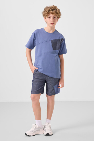Koyu Mavi-Kot Lacivert Pamuklu Oversize Fit Dokuma Hafif Esnek Chino Erkek Çocuk Şort Takım - 11275 - TOMMYLIFE