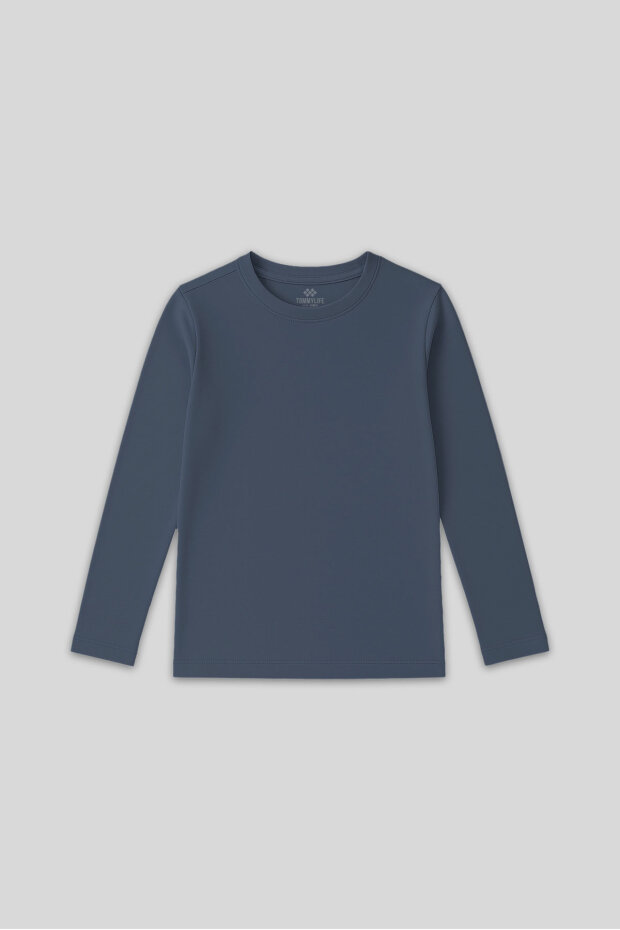Koyu Mavi O Yaka Standart Fit Basic Uzun Kollu Unisex Çocuk T-Shirt - 11329 - 3