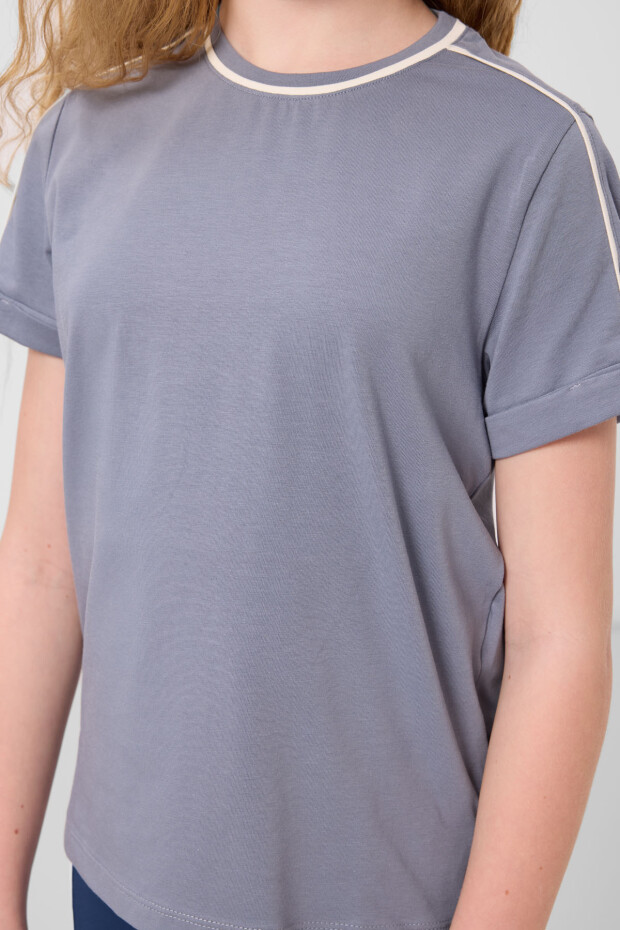 Koyu Mavi Pamuklu O Yaka Standart Fit Basic Kız Çocuk T-Shirt - 75177 - 4