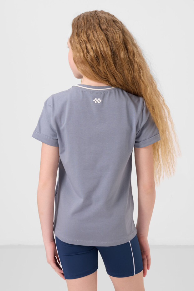 Koyu Mavi Pamuklu O Yaka Standart Fit Basic Kız Çocuk T-Shirt - 75177 - 5