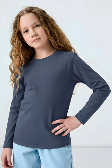 Koyu Mavi O Yaka Standart Fit Basic Uzun Kollu Unisex Çocuk T-Shirt - 11329 - TOMMYLIFE (1)