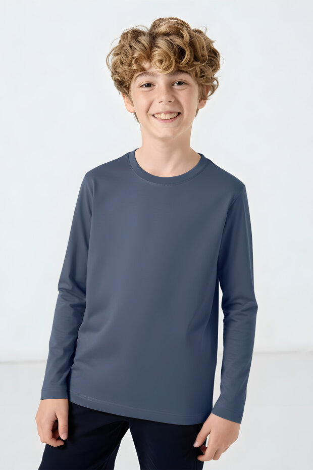 Koyu Mavi O Yaka Standart Fit Basic Uzun Kollu Unisex Çocuk T-Shirt - 11329 - 3