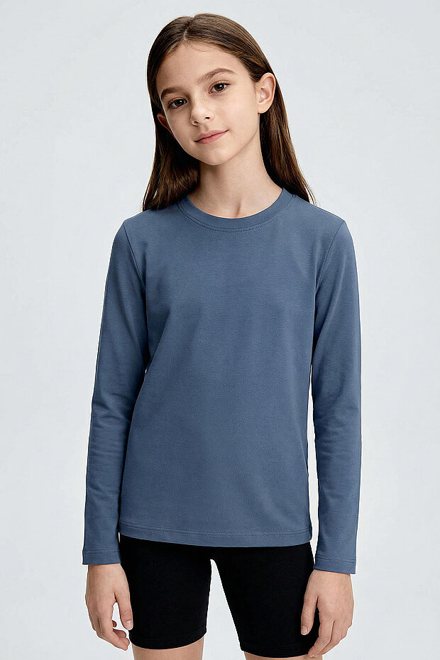 Koyu Mavi O Yaka Standart Fit Basic Uzun Kollu Unisex Çocuk T-Shirt - 11329 - 2