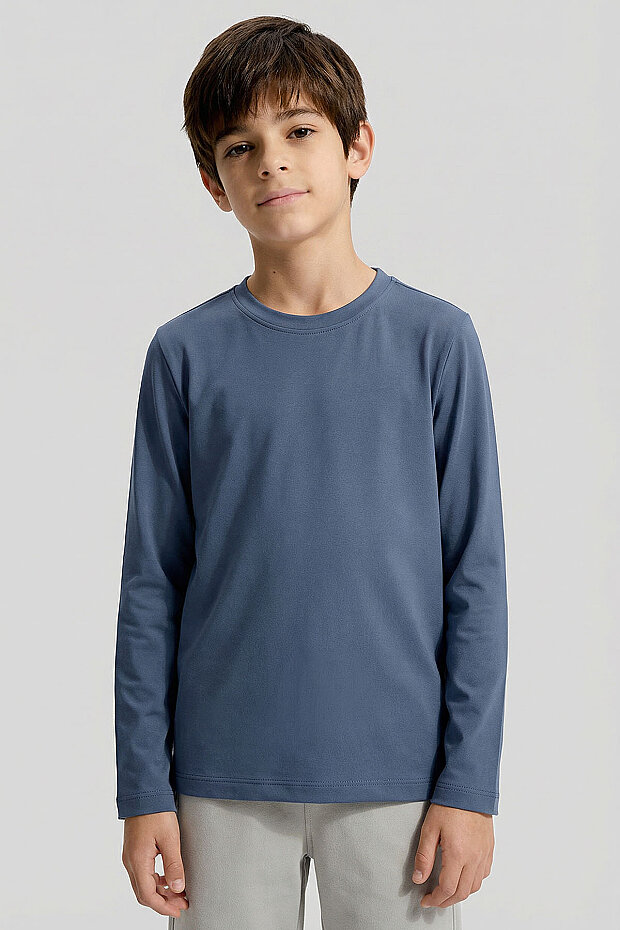 Koyu Mavi O Yaka Standart Fit Basic Uzun Kollu Unisex Çocuk T-Shirt - 11329 - 3