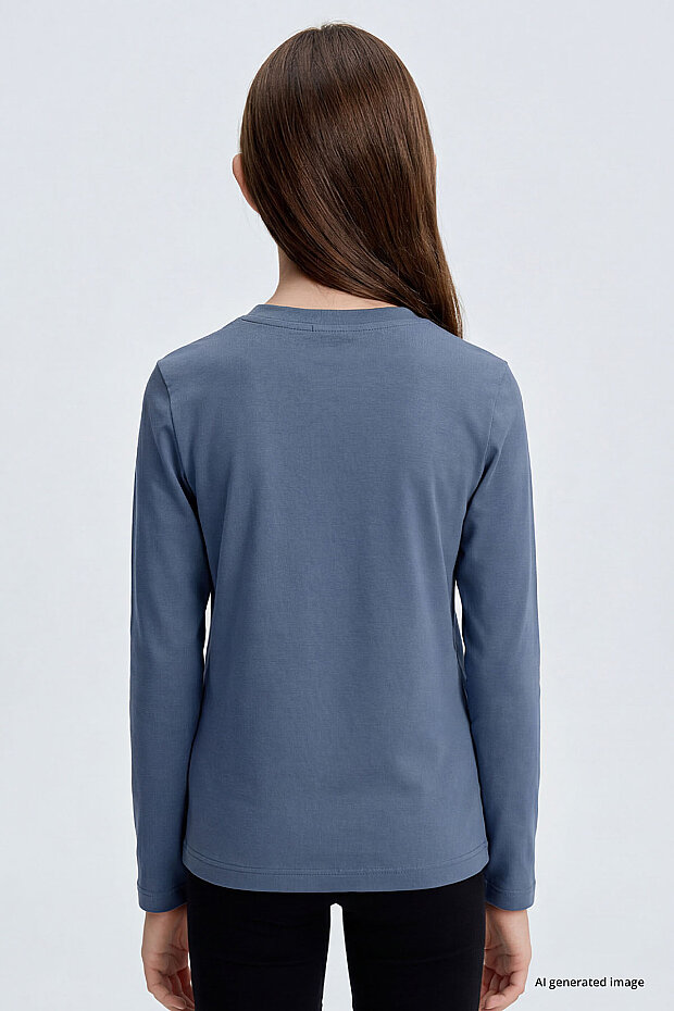 Koyu Mavi O Yaka Standart Fit Basic Uzun Kollu Unisex Çocuk T-Shirt - 11329 - 5