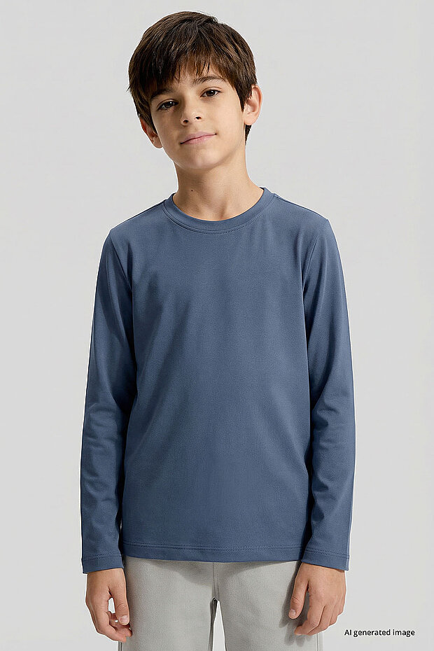 Koyu Mavi O Yaka Standart Fit Basic Uzun Kollu Unisex Çocuk T-Shirt - 11329 - 2