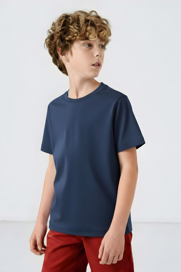 Koyu Mavi O Yaka Standart Fit Basic Unisex Çocuk T-Shirt - 11328 - 3