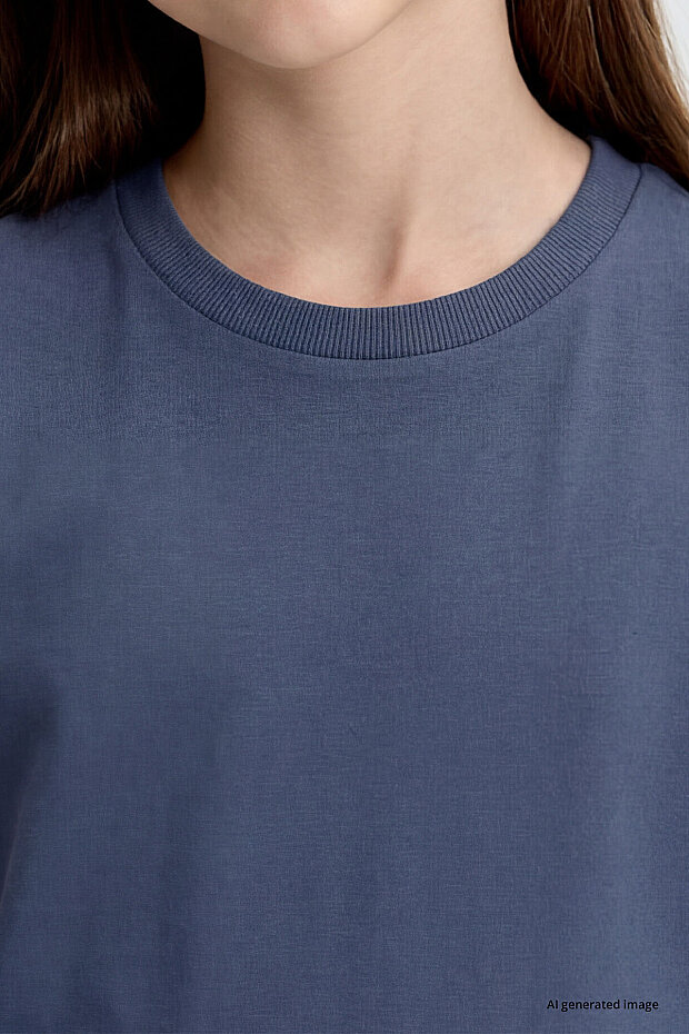 Koyu Mavi O Yaka Standart Fit Basic Unisex Çocuk T-Shirt - 11328 - 5