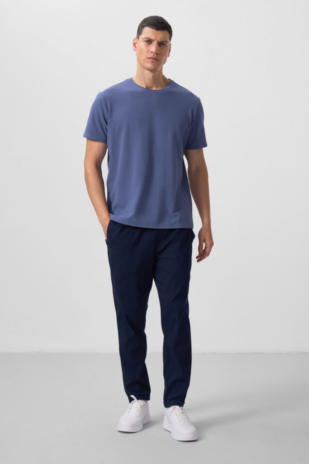 Koyu Mavi Yüzeyi Dokulu Rahat Form Basic Erkek T-Shirt - 88436 - 2