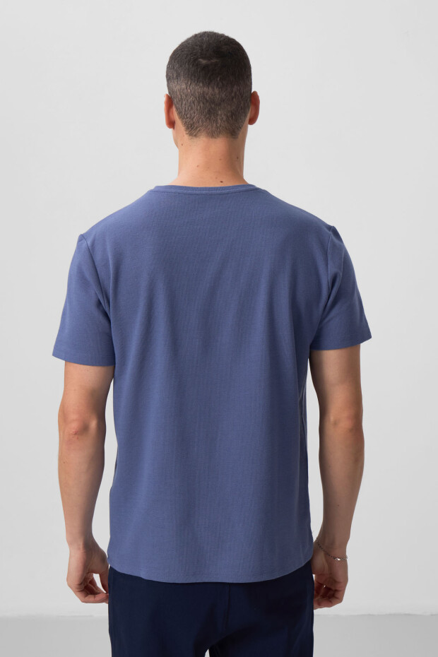 Koyu Mavi Yüzeyi Dokulu Rahat Form Basic Erkek T-Shirt - 88436 - 5