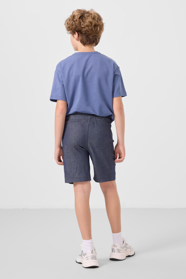 Koyu Mavi-Kot Lacivert Pamuklu Oversize Fit Dokuma Hafif Esnek Chino Erkek Çocuk Şort Takım - 11275 - 7