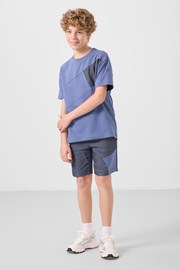 Koyu Mavi-Kot Lacivert Pamuklu Oversize Fit Dokuma Hafif Esnek Chino Erkek Çocuk Şort Takım - 11275 - 2