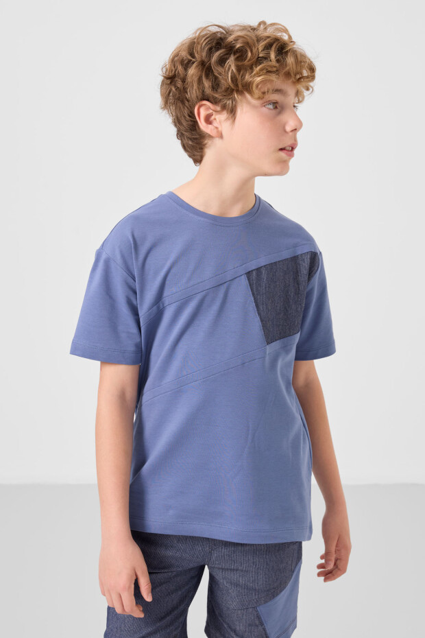 Koyu Mavi-Kot Lacivert Pamuklu Oversize Fit Dokuma Hafif Esnek Chino Erkek Çocuk Şort Takım - 11275 - 4
