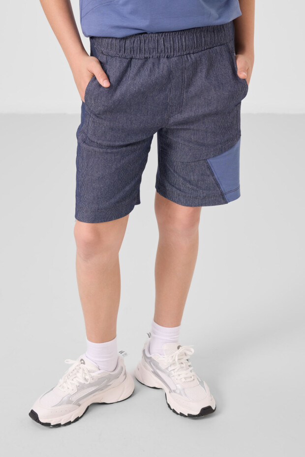 Koyu Mavi-Kot Lacivert Pamuklu Oversize Fit Dokuma Hafif Esnek Chino Erkek Çocuk Şort Takım - 11275 - 3