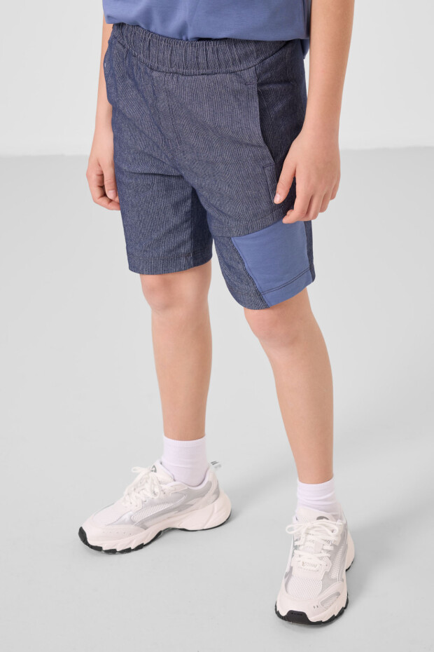 Koyu Mavi-Kot Lacivert Pamuklu Oversize Fit Dokuma Hafif Esnek Chino Erkek Çocuk Şort Takım - 11275 - 6