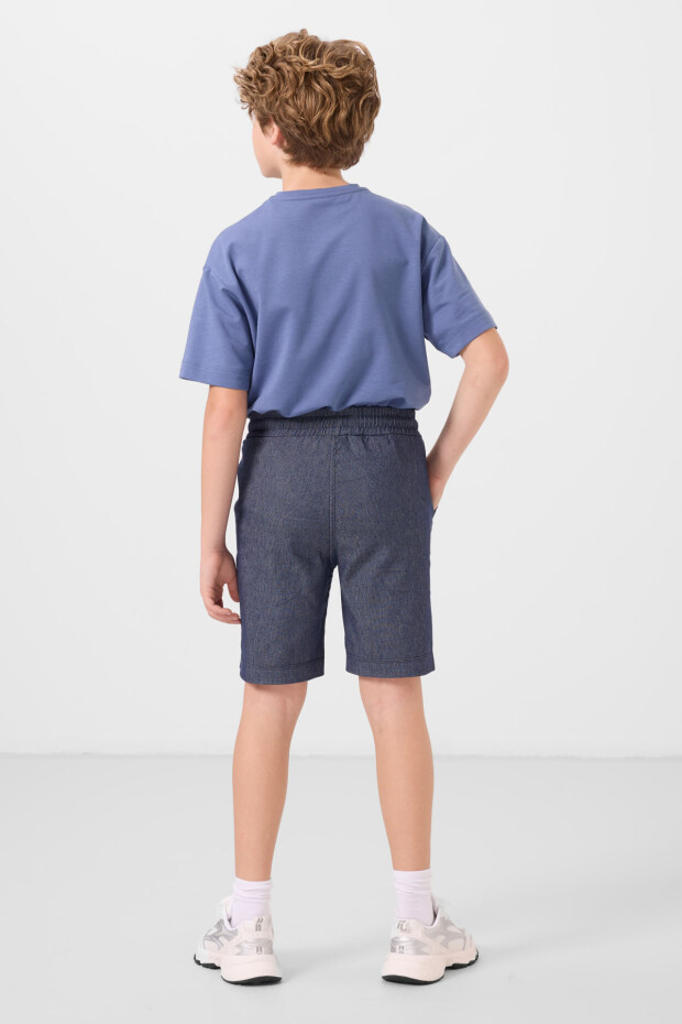 Koyu Mavi-Kot Lacivert Pamuklu Oversize Fit Dokuma Hafif Esnek Chino Erkek Çocuk Şort Takım - 11279 - 7
