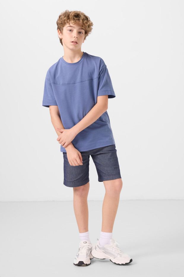 Koyu Mavi-Kot Lacivert Pamuklu Oversize Fit Dokuma Hafif Esnek Chino Erkek Çocuk Şort Takım - 11279 - 3