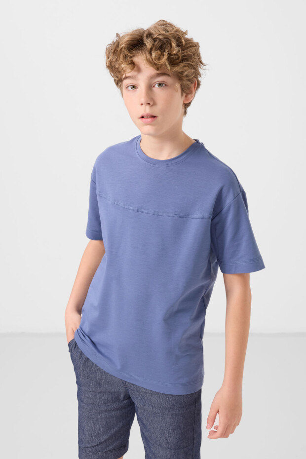 Koyu Mavi-Kot Lacivert Pamuklu Oversize Fit Dokuma Hafif Esnek Chino Erkek Çocuk Şort Takım - 11279 - 5