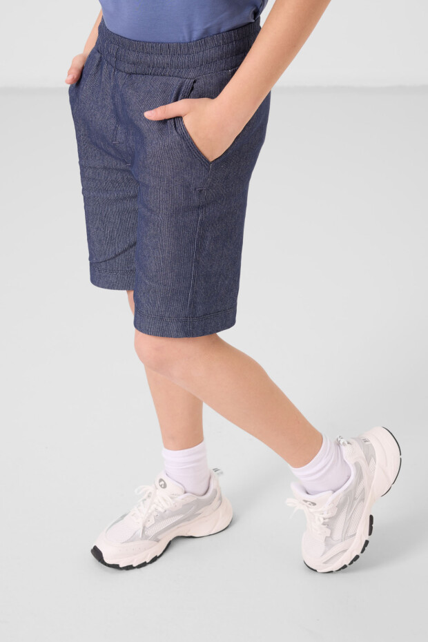 Koyu Mavi-Kot Lacivert Pamuklu Oversize Fit Dokuma Hafif Esnek Chino Erkek Çocuk Şort Takım - 11279 - 4