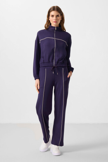 Koyu Mor Yumuşak Dokulu Dik Yaka Oversize Lastikli Kadın Eşofman Takım - 95349 - TOMMYLIFE (1)