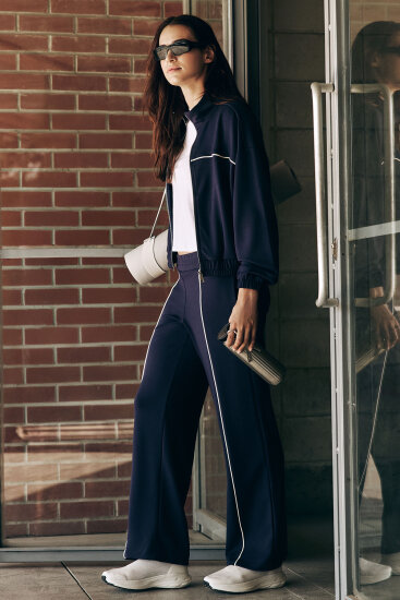 Koyu Mor Yumuşak Dokulu Dik Yaka Oversize Lastikli Kadın Eşofman Takım - 95349 - TOMMYLIFE