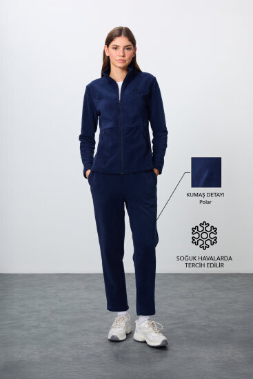 Lacivert Kalın Yumuşak Dokulu Dik Yaka Oversize Nakışlı Polar Kadın Eşofman Takım -95339 