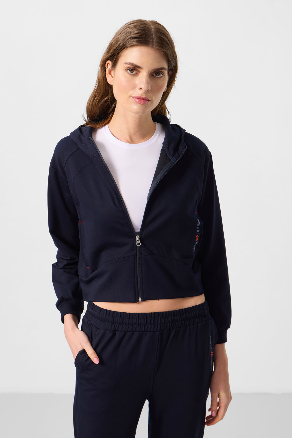 Lacivert Kapüşonlu Fermuarlı Oversize Kadın Eşofman Takım - 95328 - TOMMYLIFE (1)