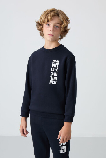 Lacivert Pamuklu Kalın İçi Tüylü Yumuşak Dokulu Standart Fit Baskılı Erkek Çocuk Eşofman Takım - 11233 - TOMMYLIFE (1)