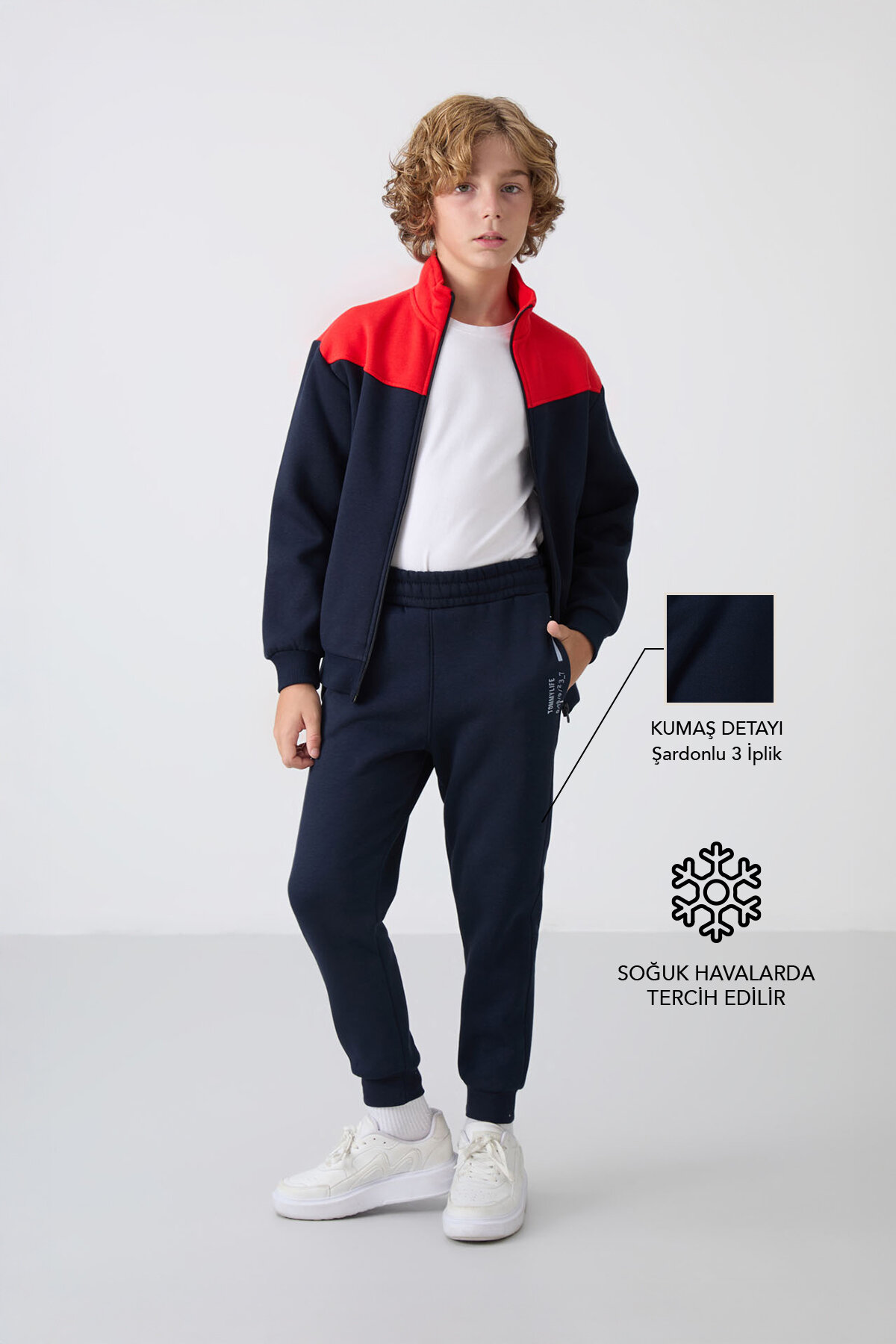 Lacivert Pamuklu Kalın İçi Tüylü Standart Fit Nakışlı Erkek Çocuk Eşofman Takım - 11240 - TOMMYLIFE