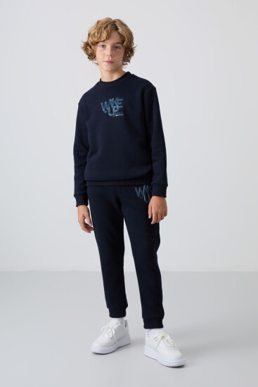 Lacivert Pamuklu Kalın İçi Tüylü Standart Fit Baskılı Erkek Çocuk Eşofman Takım - 11253 - TOMMYLIFE