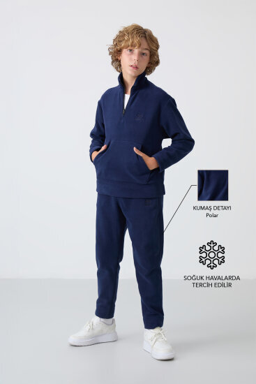 Lacivert Kalın Yumuşak Dokulu Standart Fit Nakışlı Polar Erkek Çocuk Eşofman Takım - 11218 - TOMMYLIFE