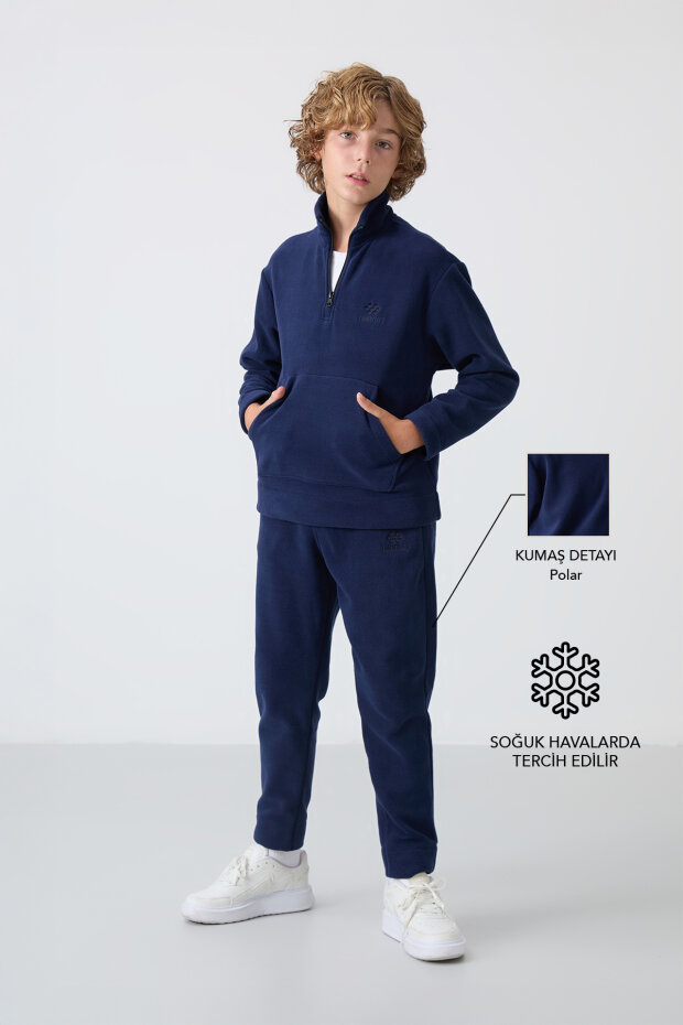 Lacivert Kalın Yumuşak Dokulu Standart Fit Nakışlı Polar Erkek Çocuk Eşofman Takım - 11218 - 1