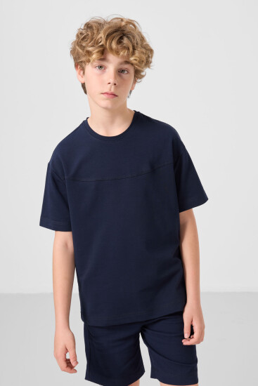 Lacivert Pamuklu Oversize Fit Dokuma Hafif Esnek Chino Erkek Çocuk Şort Takım - 11279 - TOMMYLIFE (1)