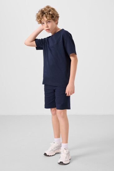 Lacivert Pamuklu Oversize Fit Dokuma Hafif Esnek Chino Erkek Çocuk Şort Takım - 11279 - Thumbnail