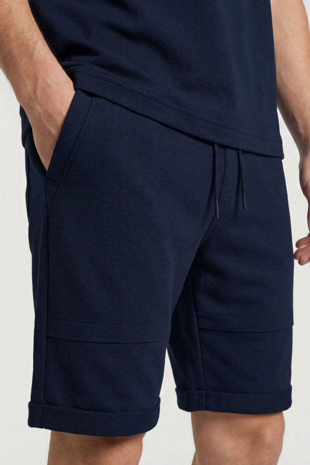 Lacivert Oversize Fit Yumuşak Dokulu Basic Erkek Şort Takım - 85274 - 2