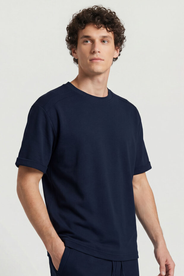 Lacivert Oversize Fit Yumuşak Dokulu Basic Erkek Şort Takım - 85274 - 3