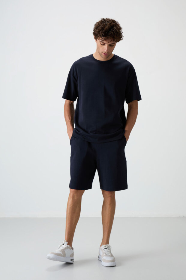 Lacivert Oversize Fit Basic Erkek Şort Takım - 85292 - 2