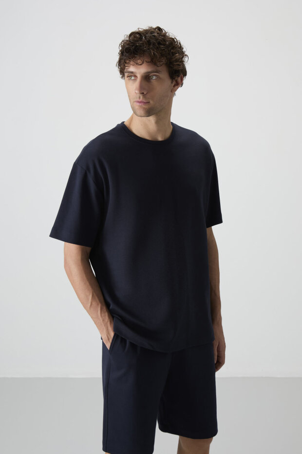 Lacivert Oversize Fit Basic Erkek Şort Takım - 85292 - 5