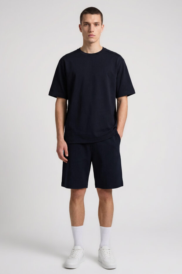 Lacivert Oversize Fit Basic Erkek Şort Takım - 85292 - 1