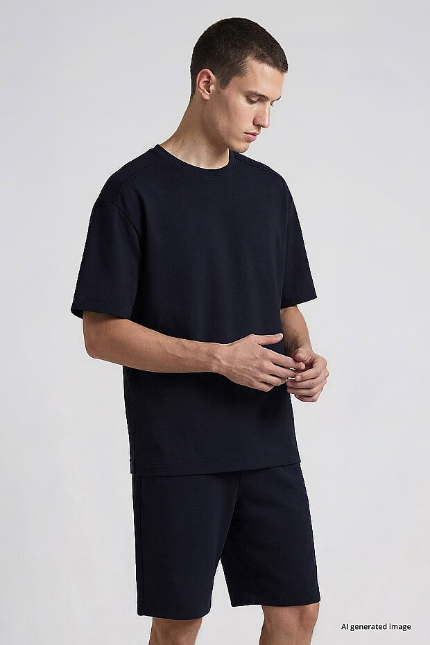 Lacivert Oversize Fit Basic Erkek Şort Takım - 85292 - 4