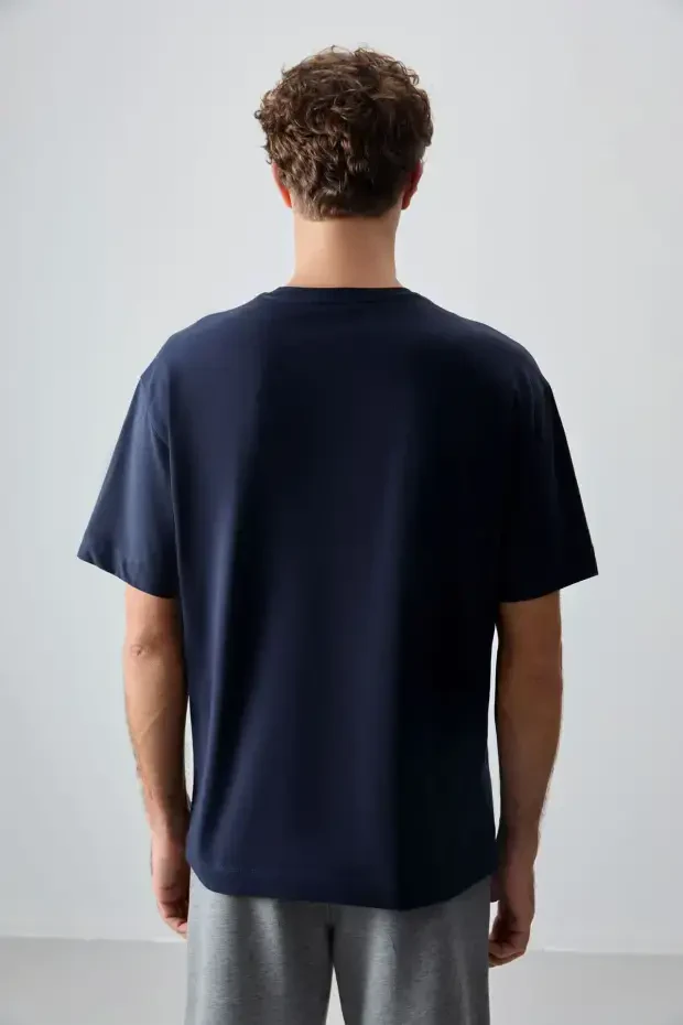 Lacivert %100 Pamuk Kalın Yumuşak Dokulu Oversize Fit Basic Erkek T-Shirt - 88353 - 6