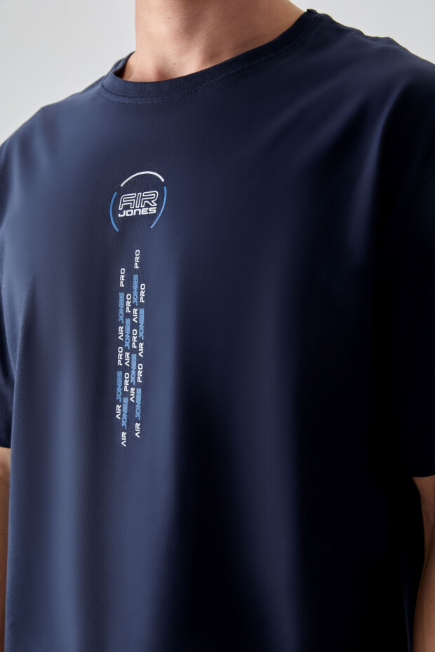 Lacivert %100 Pamuk Kalın Yumuşak Dokulu Oversize Fit Baskılı Erkek T-Shirt - 88355 - 2